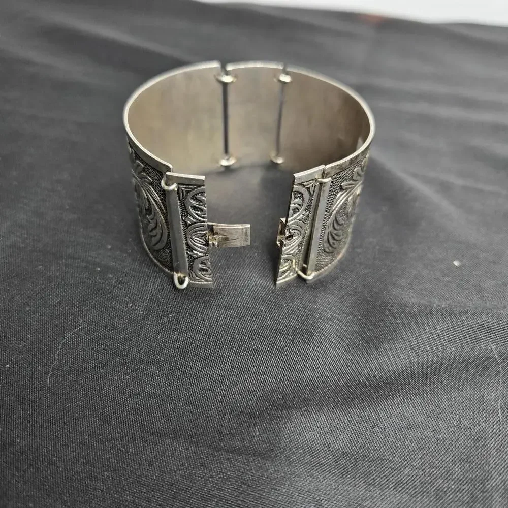 Vintage Peru 925 Sterling Silver Wide Floral Panel Bracelet Cuff 61g Artisan - Picture 7 of 9